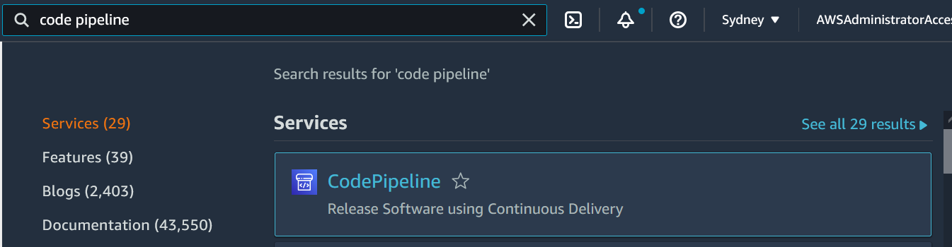 finding codepipeline service in aws management console